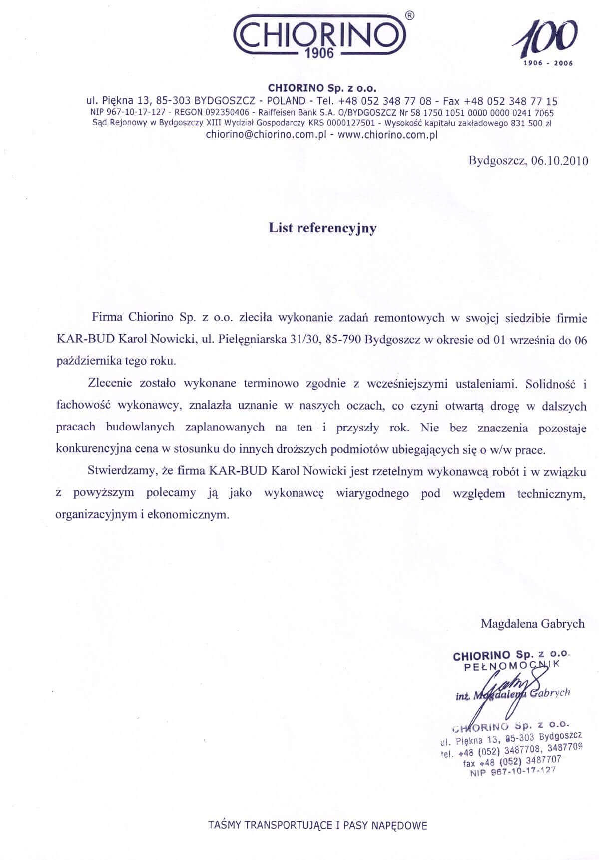 list refeencyjny bydgoskiej firmy Chiorino 2010 r.