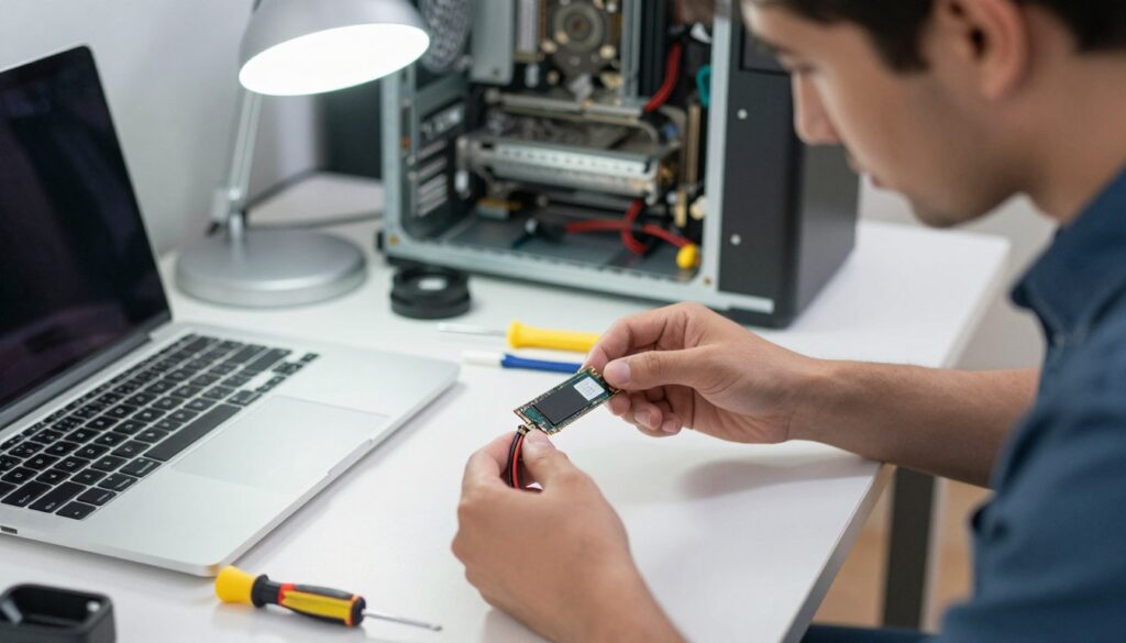 A close-up view of a technician in a modern workspace, dressed in casual professional attire, troubleshooting a freshly installed SSD. In the foreground, the technician inspects the SSD and SATA cable connections with a focused expression, surrounded by tools like a screwdriver and thermal paste. The middle ground shows a disassembled laptop or desktop case with components clearly visible, while in the background, a well-organized tech workbench with diagnostic equipment and a bright LED lamp creates a tech-savvy atmosphere. The lighting is bright and inviting, emphasizing the details on the SSD. The overall mood conveys a sense of problem-solving and expertise, illustrating common issues faced after SSD installation. A close-up view of a technician in a modern workspace, dressed in casual professional attire, troubleshooting a freshly installed SSD. In the foreground, the technician inspects the SSD and SATA cable connections with a focused expression, surrounded by tools like a screwdriver and thermal paste. The middle ground shows a disassembled laptop or desktop case with components clearly visible, while in the background, a well-organized tech workbench with diagnostic equipment and a bright LED lamp creates a tech-savvy atmosphere. The lighting is bright and inviting, emphasizing the details on the SSD. The overall mood conveys a sense of problem-solving and expertise, illustrating common issues faced after SSD installation.