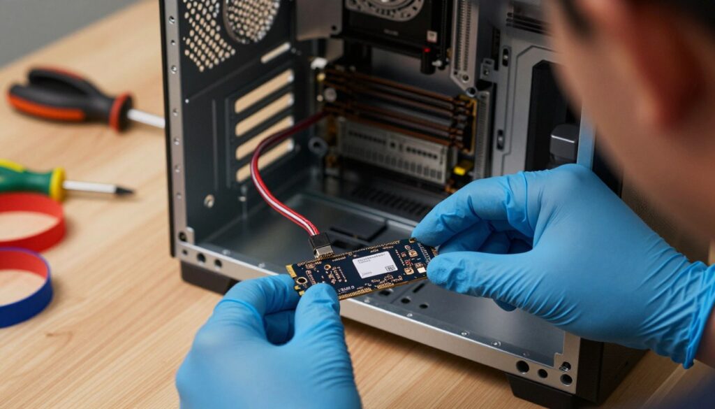 A close-up view of a technician's hands carefully installing a 2.5-inch SATA SSD into a desktop computer. The foreground shows the technician's hands, wearing blue latex gloves, securely gripping the SSD and aligning it with the drive bay. In the middle, the open computer case reveals a clean and organized interior, highlighting the SATA connection cable and power supply. The background features a softly lit workspace with technical tools like screwdrivers and anti-static wrist straps. The atmosphere is focused and professional, with warm lighting enhancing the details of the components. The camera angle is slightly tilted to provide a dynamic perspective, showcasing the precision involved in the installation process. A close-up view of a technician's hands carefully installing a 2.5-inch SATA SSD into a desktop computer. The foreground shows the technician's hands, wearing blue latex gloves, securely gripping the SSD and aligning it with the drive bay. In the middle, the open computer case reveals a clean and organized interior, highlighting the SATA connection cable and power supply. The background features a softly lit workspace with technical tools like screwdrivers and anti-static wrist straps. The atmosphere is focused and professional, with warm lighting enhancing the details of the components. The camera angle is slightly tilted to provide a dynamic perspective, showcasing the precision involved in the installation process.