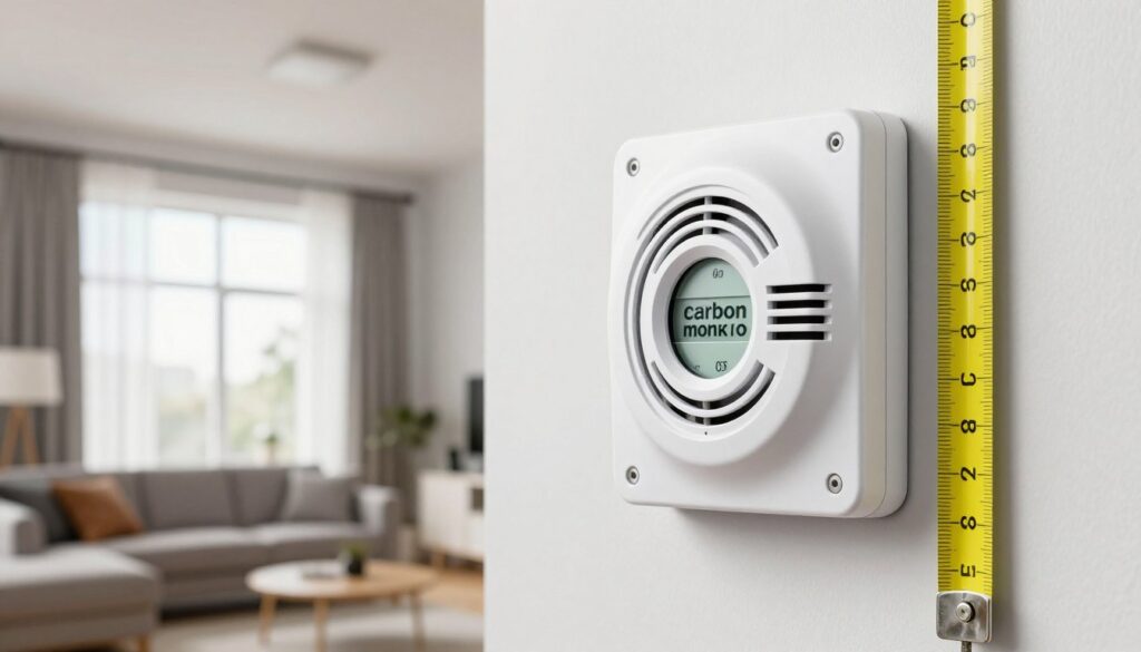 A detailed illustration demonstrating the optimal height for installing a carbon monoxide detector. In the foreground, show a close-up of a carbon monoxide detector mounted on a wall at the recommended height, with a measuring tape nearby to indicate proper placement. The middle ground features a room setting, including a modern living space with a clear view of the ceiling and walls. In the background, soft natural lighting streams through a window, creating a safe and inviting atmosphere. Capture the scene from a slightly elevated angle to provide perspective on the height relationship between the detector and typical room furniture. The overall mood should be informative and professional, suitable for educational purposes.