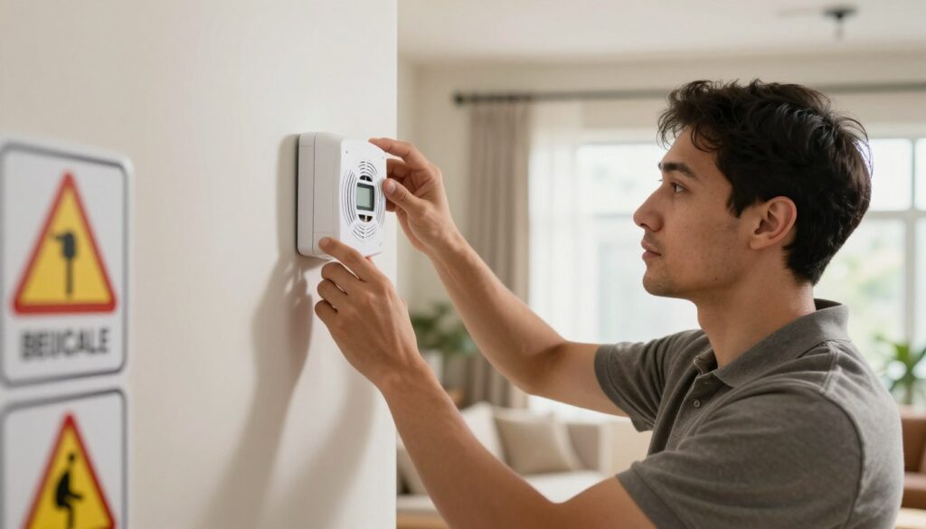 A well-lit interior scene showcasing the proper installation of a carbon monoxide detector. In the foreground, a professional wearing modest casual clothing is carefully mounting the detector on a wall at eye level. The middle ground features a clear view of the detector itself, emphasizing the recommended height for proper functionality. The background includes a cozy, modern living room with safety signs subtly visible, and natural light streaming in through a window, creating a warm atmosphere. The angle should be slightly elevated, capturing both the professional's focused expression and the detector installation process, ensuring the setting conveys safety and attention to detail.