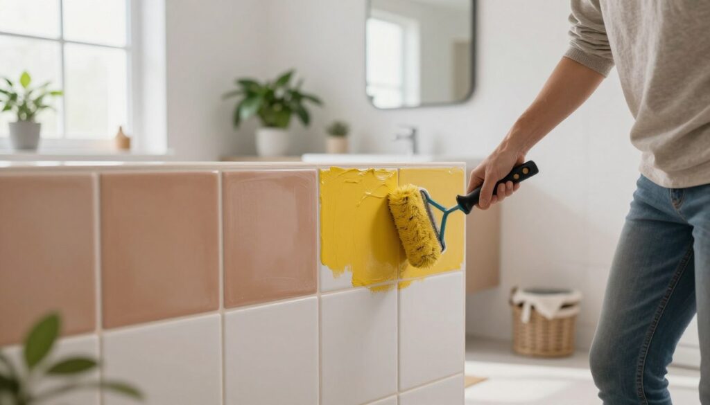 A bathroom renovation scene focused on rejuvenating old tiles without removal. In the foreground, a person in modest casual clothing is painting over dated ceramic tiles with a vibrant, waterproof paint, using a brush and roller. The middle ground shows partially painted tiles in earthy tones, showing a simplified technique for tile transformation. The background displays a modern, well-lit bathroom with clean lines, a stylish mirror, and potted plants suggesting freshness. Natural light streams in from a window, enhancing the cheerful, optimistic atmosphere of the renovation process. Use a realistic angle that captures the hands-on effort and creativity involved without any distractions or clutter in the space.