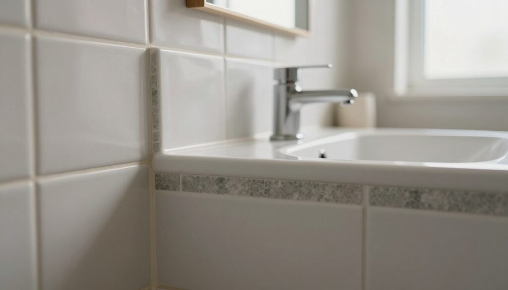 A beautifully designed close-up image of a bathroom corner featuring meticulously finished tile edges and a smooth aesthetic transition where the tiles meet the wall. The foreground showcases the intricate details of the tile border, highlighting the texture and color contrast between the tiles and wall surface. In the middle ground, a minimalistic and elegant bathroom sink can be seen, creating a harmonious balance with the tile design. The background features soft, diffused natural light filtering through a nearby window, enhancing the tranquility of the scene. The overall mood is serene and modern, showcasing the importance of detail in small bathroom design. The angles are well-composed, focusing on the craftsmanship of tile installation in a tidy, contemporary space. A beautifully designed close-up image of a bathroom corner featuring meticulously finished tile edges and a smooth aesthetic transition where the tiles meet the wall. The foreground showcases the intricate details of the tile border, highlighting the texture and color contrast between the tiles and wall surface. In the middle ground, a minimalistic and elegant bathroom sink can be seen, creating a harmonious balance with the tile design. The background features soft, diffused natural light filtering through a nearby window, enhancing the tranquility of the scene. The overall mood is serene and modern, showcasing the importance of detail in small bathroom design. The angles are well-composed, focusing on the craftsmanship of tile installation in a tidy, contemporary space.