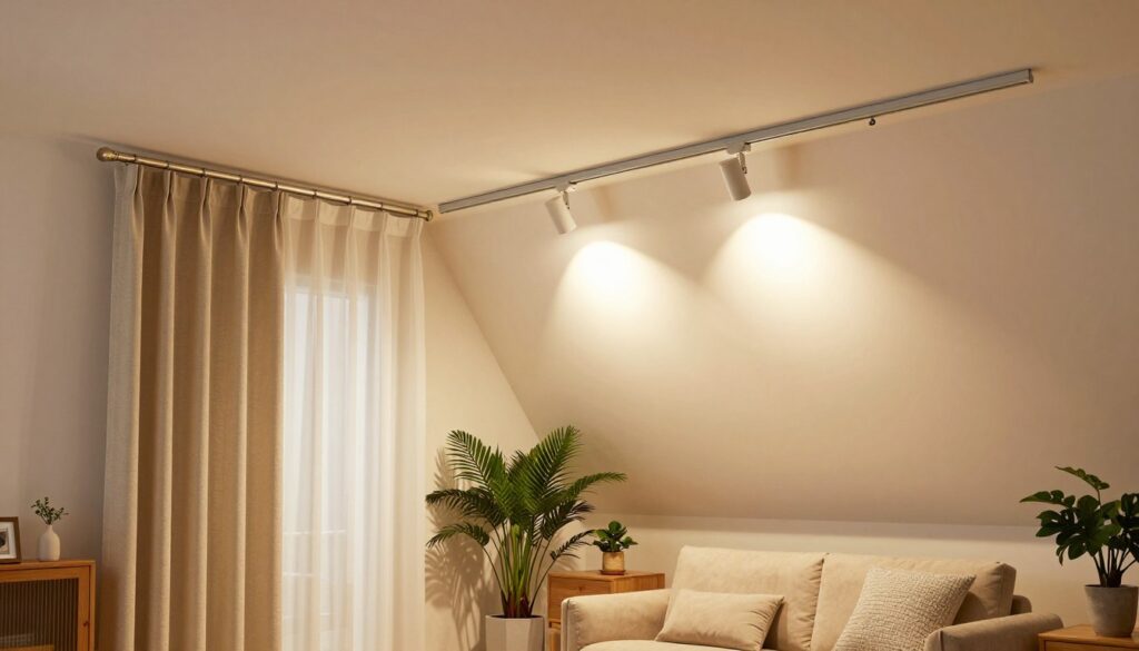 A beautifully designed interior scene showcasing two types of curtain rods installed on angled walls—one featuring a sleek metal drape rod and the other a discreet ceiling-mounted track system. In the foreground, the curtain rod with elegant drapes cascades to the floor, adorned with subtle patterns. The middle area presents the ceiling track integrated with a modern light fixture, casting warm, inviting light. The background reveals a cozy living room setting with soft colors and natural textures, such as wooden furniture and lush green plants, creating a harmonious feel. The atmosphere is warm and functional, emphasizing the aesthetics of both mounting styles. Shot with a wide-angle lens to capture the entirety of the space, highlighting the interplay of light and shadow.
