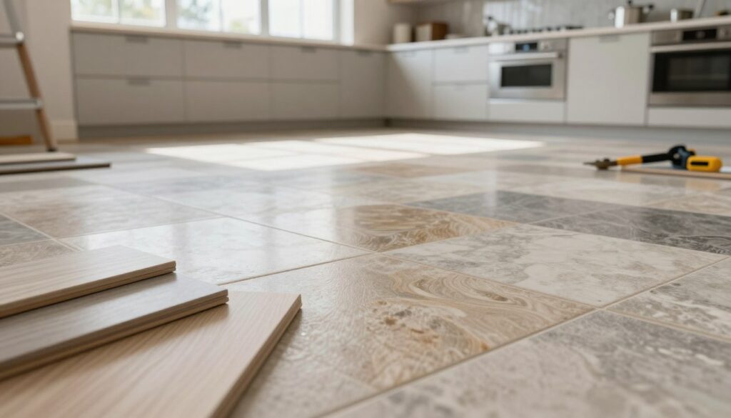 A beautifully designed kitchen floor showcasing different tile options for a renovation project, featuring a close-up view of glossy, modern porcelain tiles in various earthy tones set in a stylish pattern. In the foreground, a few samples of smooth laminate panels are elegantly displayed, suggesting alternative flooring choices. The middle ground features an immaculate kitchen setting with natural light streaming in through large windows, accentuating the tile textures and colors. The background reveals a slightly blurred view of construction tools and materials, hinting at the renovation process. The atmosphere is bright and inviting, evoking a sense of inspiration for home improvement, with a professional lens effect for clarity and emphasis on detail.