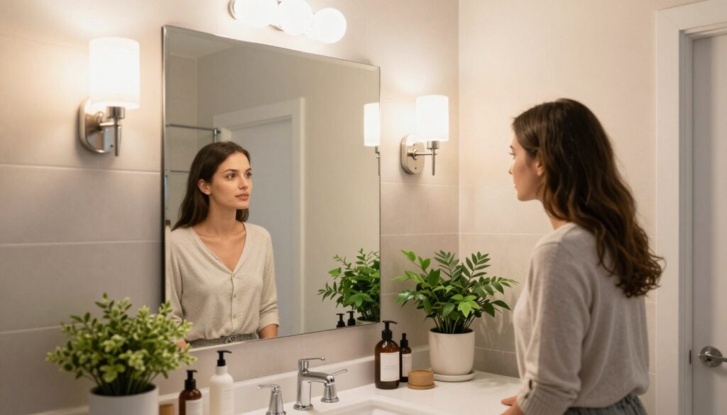 A bright, modern bathroom scene featuring a well-lit mirror area designed for functional use. In the foreground, a stylish, well-framed mirror reflects a soft, even light emanating from strategically placed wall sconces and an overhead light fixture, designed to minimize shadows on a person's face. The middle ground shows a tastefully decorated vanity with organized toiletries, lush green plants, and elegant decor. The background features neutral-colored tiles and soft pastel walls, enhancing the calm and inviting atmosphere. The lighting is warm and diffused, highlighting natural skin tones and creating a serene mood. A professional female figure in modest casual clothing examines her reflection with a focused expression, promoting the sense of a well-planned and functional lighting setup.