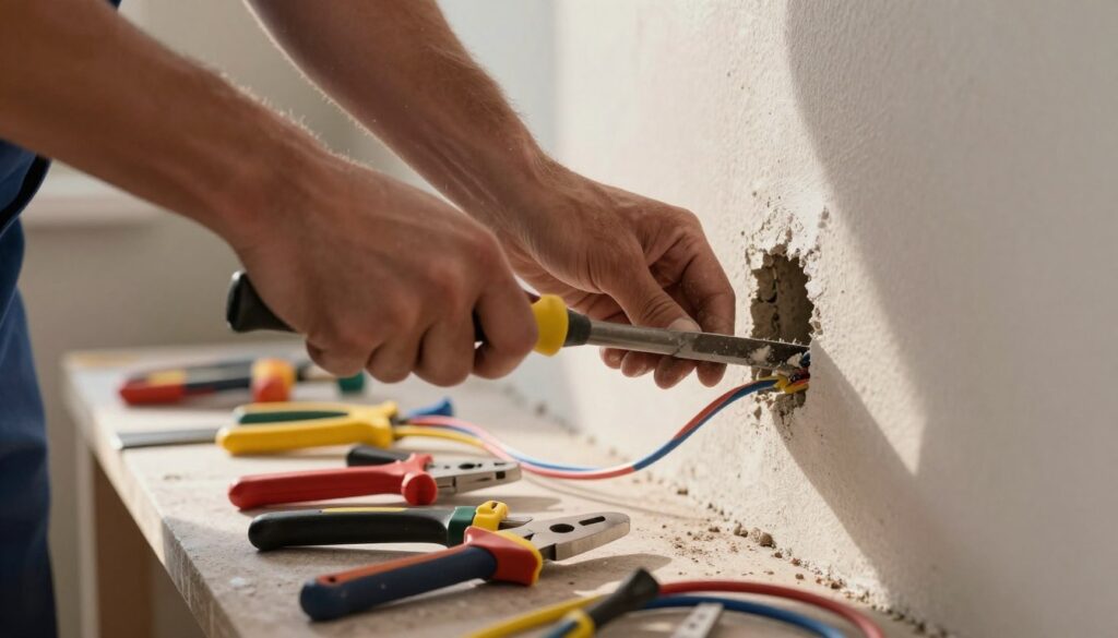 A close-up image focused on a professional electrician's hands skillfully chiseling out a groove in a wall for electrical wiring installation. The foreground shows a hand holding a chisel against the wall, with fine dust particles in the air, capturing motion as the chisel strikes. In the middle ground, a neatly organized array of electrical wires and tools, including wire strippers and connectors, spread out on a well-lit workbench, illuminated by warm overhead lighting. The background depicts a partially painted wall that contrasts with the rough surface where the groove is being created, enhancing the sense of a renovation project in progress. The atmosphere is focused and industrious, emphasizing the safety and precision of electrical work. A close-up image focused on a professional electrician's hands skillfully chiseling out a groove in a wall for electrical wiring installation. The foreground shows a hand holding a chisel against the wall, with fine dust particles in the air, capturing motion as the chisel strikes. In the middle ground, a neatly organized array of electrical wires and tools, including wire strippers and connectors, spread out on a well-lit workbench, illuminated by warm overhead lighting. The background depicts a partially painted wall that contrasts with the rough surface where the groove is being created, enhancing the sense of a renovation project in progress. The atmosphere is focused and industrious, emphasizing the safety and precision of electrical work.