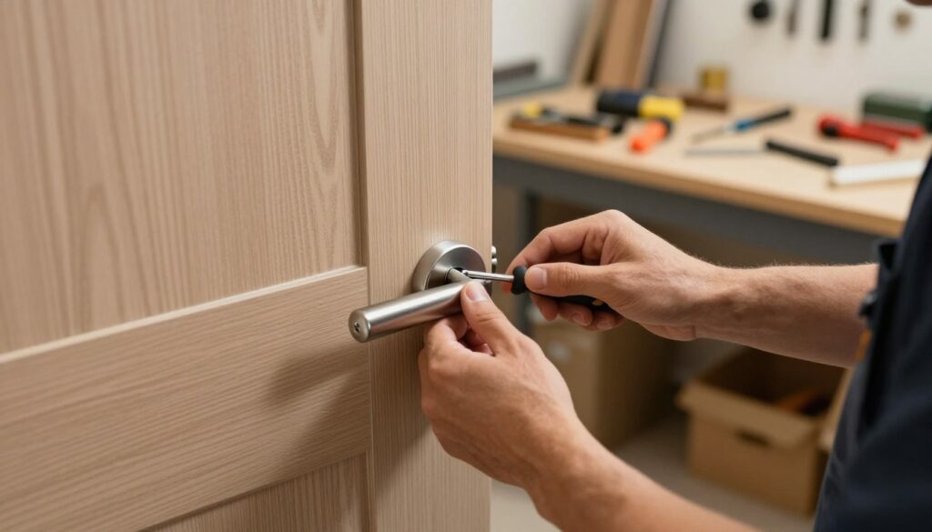 A close-up image of a skilled technician installing a door handle on a modern interior door. The foreground features the technician's hands carefully aligning the handle with the door, using a screwdriver for precise installation. The middle ground showcases a simple, elegant interior door with natural wood grain and a circular handle design. In the background, a well-lit workshop setting with tools neatly arranged on a workbench and a soft-focus view of various door hardware. The lighting is warm and inviting, suggesting an atmosphere of professionalism and craftsmanship. The image captures the step-by-step nature of the installation process, emphasizing attention to detail and quality workmanship. A close-up image of a skilled technician installing a door handle on a modern interior door. The foreground features the technician's hands carefully aligning the handle with the door, using a screwdriver for precise installation. The middle ground showcases a simple, elegant interior door with natural wood grain and a circular handle design. In the background, a well-lit workshop setting with tools neatly arranged on a workbench and a soft-focus view of various door hardware. The lighting is warm and inviting, suggesting an atmosphere of professionalism and craftsmanship. The image captures the step-by-step nature of the installation process, emphasizing attention to detail and quality workmanship.