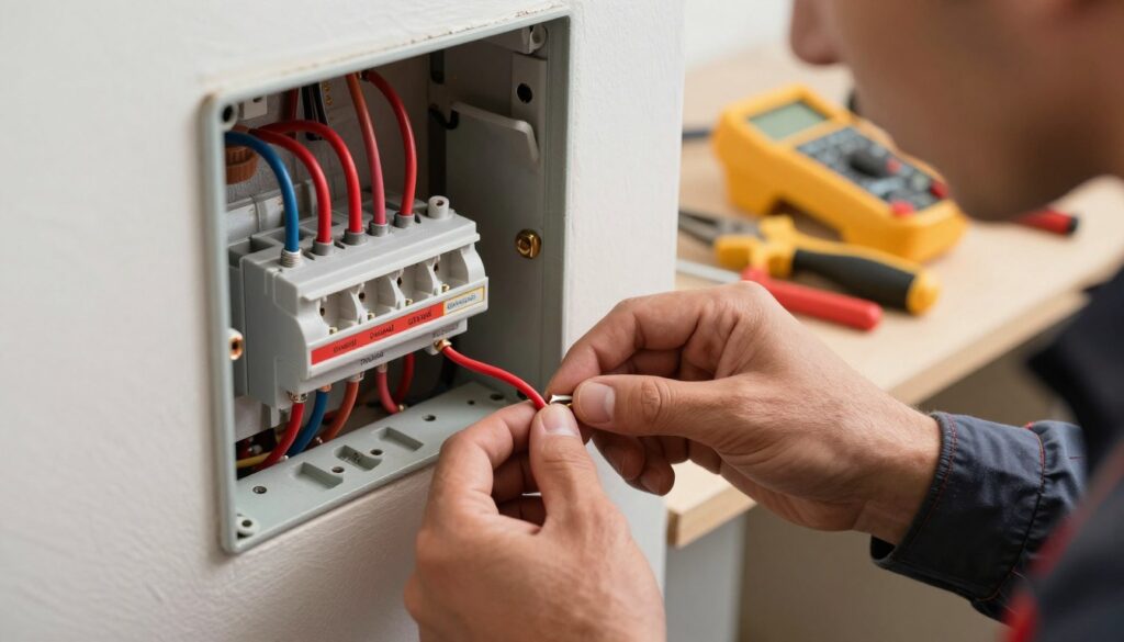 A close-up shot of an electrical socket installation scene, focusing on the process of connecting the phase wire. In the foreground, a skilled technician wearing a modest work uniform is carefully inserting a bright red phase wire into the socket, showcasing the intricate details of the Copper conductor. The middle layer features an open electrical junction box with labeled wires (neutral, ground, phase) neatly arranged and clearly visible. The background includes a workbench cluttered with tools like wire cutters, screwdrivers, and multimeters, illuminated by warm workshop lighting that creates an inviting and professional atmosphere. The angle is slightly tilted to emphasize the technician's focused expression and the technical elements of the installation process, portraying a sense of diligence and expertise. A close-up shot of an electrical socket installation scene, focusing on the process of connecting the phase wire. In the foreground, a skilled technician wearing a modest work uniform is carefully inserting a bright red phase wire into the socket, showcasing the intricate details of the Copper conductor. The middle layer features an open electrical junction box with labeled wires (neutral, ground, phase) neatly arranged and clearly visible. The background includes a workbench cluttered with tools like wire cutters, screwdrivers, and multimeters, illuminated by warm workshop lighting that creates an inviting and professional atmosphere. The angle is slightly tilted to emphasize the technician's focused expression and the technical elements of the installation process, portraying a sense of diligence and expertise.