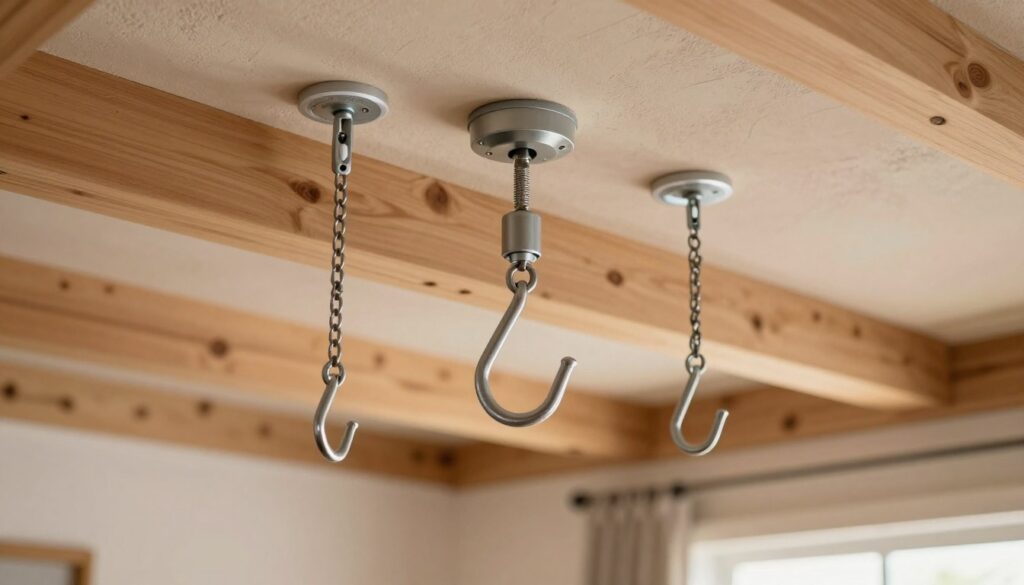 A close-up view of a ceiling installation showcasing various mounting options for a swing. The foreground features sturdy ceiling hooks, wall anchors, and load-bearing hardware, clearly labeled for clarity. The middle ground presents a detailed, textured ceiling with visible wooden beams, emphasizing strength and stability. In the background, soft, diffused lighting creates a warm atmosphere, illuminating the installation area without harsh shadows. The image captures the essence of safety and proper assembly techniques, with an inviting yet professional feel, perfect for a home improvement context. The angle is slightly tilted upwards to capture the hooks and fasteners from a dynamic perspective, ensuring visibility of all elements without any text or distractions.