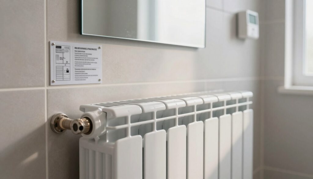 A close-up view of a heating radiator, elegantly designed, placed against a stylish bathroom wall with neutral tiles. The radiator's label is clearly visible, displaying technical parameters like wattage, model number, and installation instructions. In the foreground, soft light reflects off the polished surface, illuminating the details of the radiator while creating subtle shadows. The middle ground features a neatly organized HVAC installation layout with pipe connections and a thermostat in a contemporary, clean aesthetic. The background showcases a fogged mirror and soft natural light filtering through a window, enhancing the calming atmosphere of the bathroom. The lens captures a slightly angled perspective, focusing on the interaction between the radiator and the surrounding space, conveying warmth and comfort. A close-up view of a heating radiator, elegantly designed, placed against a stylish bathroom wall with neutral tiles. The radiator's label is clearly visible, displaying technical parameters like wattage, model number, and installation instructions. In the foreground, soft light reflects off the polished surface, illuminating the details of the radiator while creating subtle shadows. The middle ground features a neatly organized HVAC installation layout with pipe connections and a thermostat in a contemporary, clean aesthetic. The background showcases a fogged mirror and soft natural light filtering through a window, enhancing the calming atmosphere of the bathroom. The lens captures a slightly angled perspective, focusing on the interaction between the radiator and the surrounding space, conveying warmth and comfort.