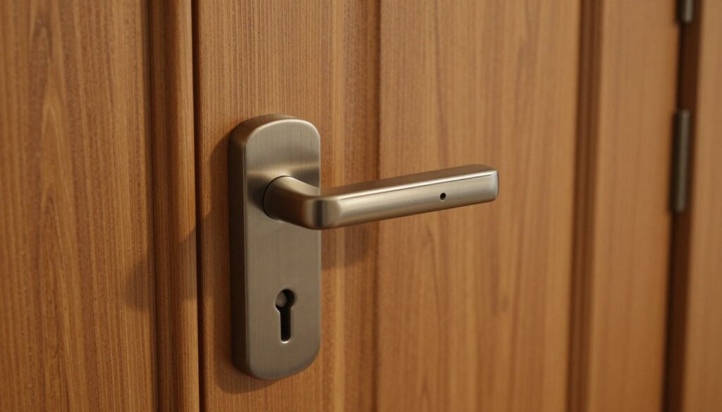 A close-up view of a stylish door handle (klamka) installed on a wooden interior door. The handle is elegantly designed with a modern finish, harmoniously fitting a classic keyhole lock beneath it. The wooden door, showcasing a rich grain texture, provides a warm background. Soft, diffused lighting creates a cozy atmosphere, casting gentle shadows that emphasize the curves and lines of the handle. The angle is slightly tilted for a dynamic perspective, inviting the viewer to appreciate both the aesthetic details of the handle and the craftsmanship of the door it adorns. The image conveys a sense of elegance and functionality, suitable for showcasing the perfect match of door hardware in home interiors. A close-up view of a stylish door handle (klamka) installed on a wooden interior door. The handle is elegantly designed with a modern finish, harmoniously fitting a classic keyhole lock beneath it. The wooden door, showcasing a rich grain texture, provides a warm background. Soft, diffused lighting creates a cozy atmosphere, casting gentle shadows that emphasize the curves and lines of the handle. The angle is slightly tilted for a dynamic perspective, inviting the viewer to appreciate both the aesthetic details of the handle and the craftsmanship of the door it adorns. The image conveys a sense of elegance and functionality, suitable for showcasing the perfect match of door hardware in home interiors.