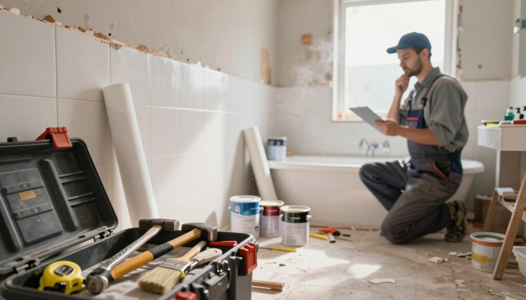 A cluttered bathroom undergoing renovation, showcasing the chaos of a project in progress. In the foreground, tools like a hammer, tape measure, and paintbrush are scattered across an open toolbox. The middle ground features a partially tiled wall with uneven surfaces, a roll of wallpaper, and paint cans with varying colors. A contractor in professional attire examines the space, looking thoughtful about the next steps. The background reveals a half-installed bathtub, with a window letting in soft natural light that highlights dust particles in the air, creating a warm, dynamic atmosphere. The mood conveys a sense of time slipping away amidst the busy surroundings, emphasizing the theme of a bathroom renovation's unpredictability.