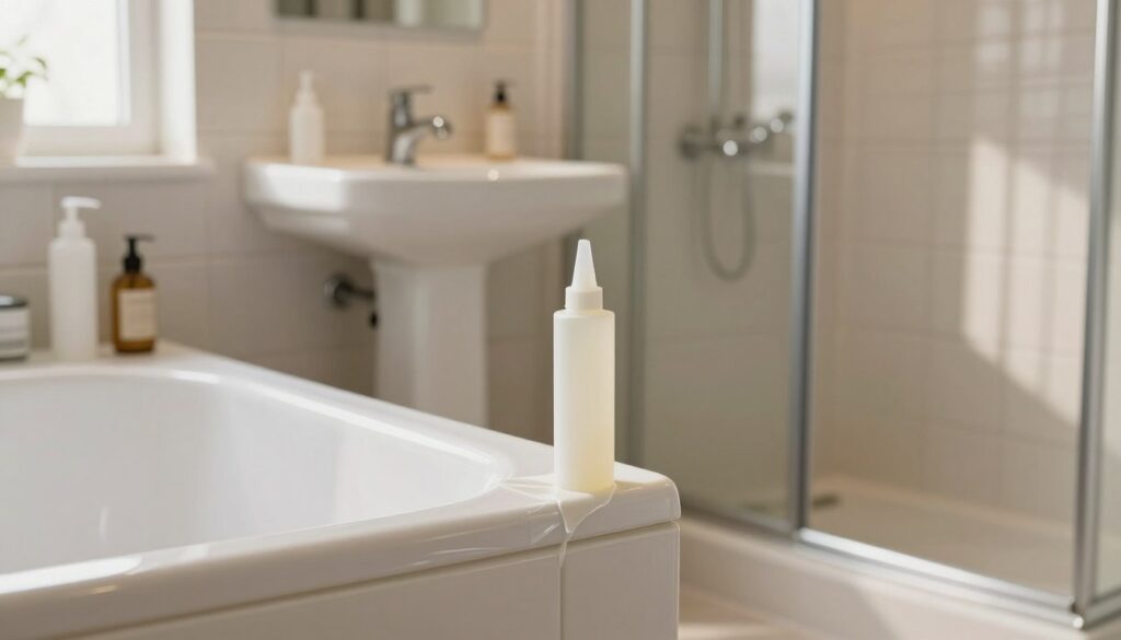 A cozy bathroom setting featuring a well-maintained bathtub, sink, and shower cabin, showcasing various types of silicone sealants applied around each fixture. In the foreground, focus on the precise application of silicone around the bathtub edge, highlighting smooth, clean lines. The middle ground should display an elegantly designed sink and shower with gleaming tiles and natural light illuminating the space through a nearby window. Soft shadows cast by the fixtures enhance the depth of the image. Use a warm color palette to create a welcoming atmosphere, emphasizing hygiene and professionalism. The scene is devoid of any people, ensuring a clear focus on the silicone applications. The lighting should be bright yet soft, capturing the serene ambiance of a perfect bathroom.