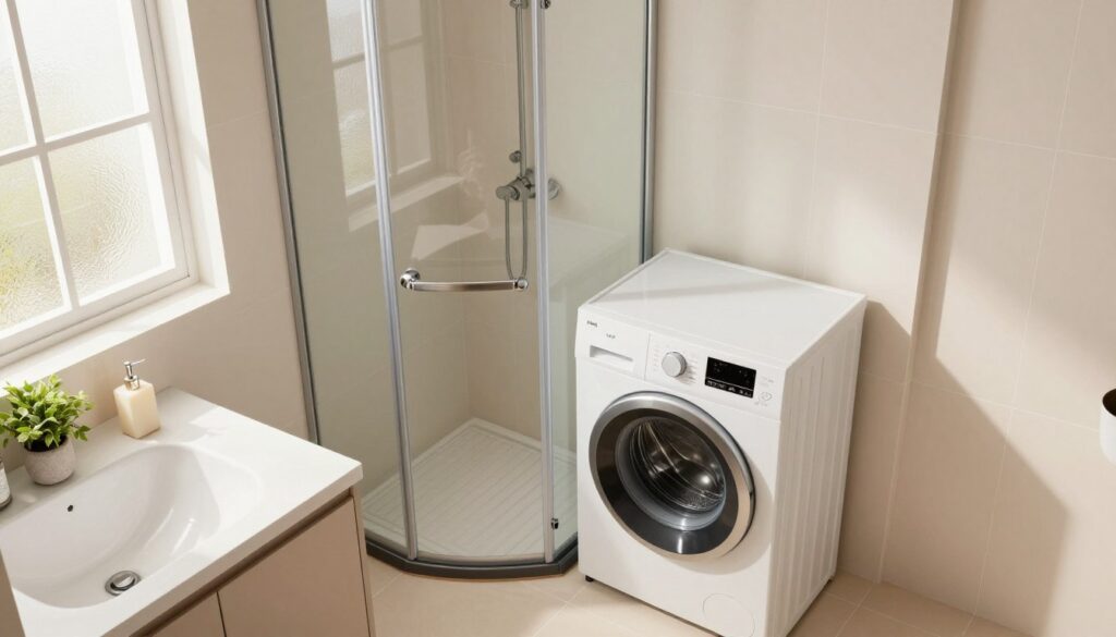A cozy small bathroom featuring a compact washing machine integrated into a stylish storage unit. The foreground showcases a neatly organized countertop with modern accessories, such as a small plant and decorative soap dispenser. In the middle, a sleek shower stall with glass doors and a minimalist design complements the practical layout. The background features light, airy tiles in soft pastel colors, enhancing the sense of space. Natural light streams in through a frosted window, casting gentle shadows and creating a warm atmosphere. The scene is expertly composed from a slightly elevated angle, emphasizing the functionality and ergonomic arrangement of the space. The overall mood is inviting and harmonious, illustrating smart design solutions for optimal comfort in a small bathroom setting.