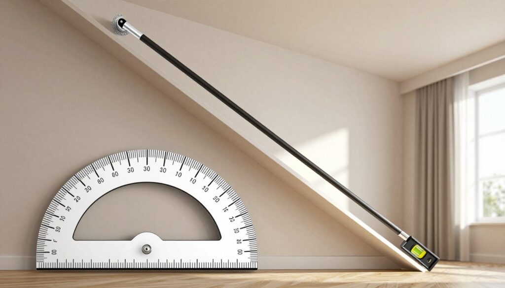 A detailed and technical illustration demonstrating the concept of an incline angle, specifically in the context of mounting a curtain rod on sloped surfaces. In the foreground, a measuring protractor is positioned against a wall at an angle, perfectly displaying a clear degree measurement. In the middle ground, a partially installed curtain rod is shown, angled in relation to the ceiling and floor, with a level tool placed to indicate precision. The background captures a stylishly furnished room with soft, diffused natural light filtering through a partially open window, casting gentle shadows that enhance the three-dimensional feel of the scene. The overall atmosphere is professional and informative, evoking a sense of careful measurement and thoughtfulness in design.