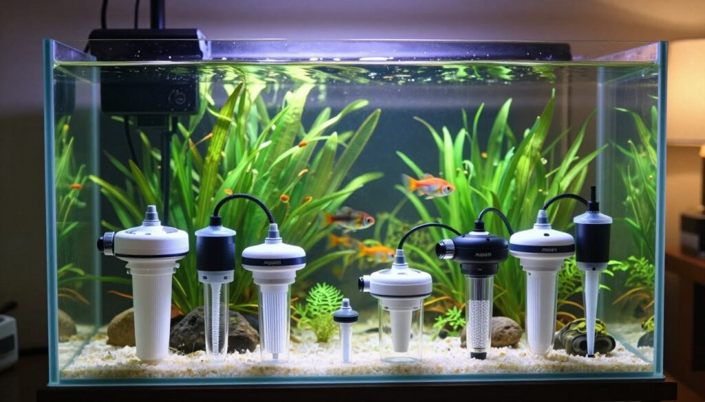 A detailed and vibrant illustration of internal aquarium filters specifically designed for Aquael systems. In the foreground, showcase a variety of Aquael internal filters, highlighting their unique shapes and sizes, featuring sleek designs and clear water flow patterns. In the middle ground, depict an elegantly aquascaped aquarium filled with lush, green plants and colorful fish, demonstrating how the filters efficiently integrate into the aquatic ecosystem. In the background, softly lit, create a warm atmosphere with gentle lighting that enhances the serenity of the underwater scene. Use a slightly elevated angle to capture the filters in action, illustrating their effectiveness while maintaining a peaceful ambiance. Ensure the overall image has a clean, professional look without any text or distractions.