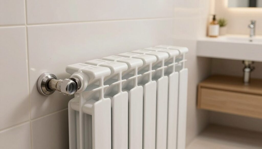A detailed bathroom scene showcasing a modern radiator with specific attention to the "rozstaw przyłączy instalacji" (connection spacing). In the foreground, the radiator is elegantly installed on the wall, displaying its connection points clearly. The middle ground features plumbing pipes and fittings that connect seamlessly to the radiator, emphasizing functionality and efficiency. In the background, a bright, well-lit bathroom design is visible, with contemporary tiles and decor that complement the radiator's aesthetic. The lighting is soft and warm, creating an inviting atmosphere that highlights the installation's practicality. The viewpoint is slightly angled to capture both the radiator and the surrounding space effectively, focusing on a professional and polished presentation.