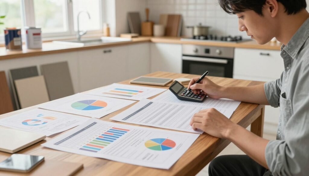 A detailed kitchen renovation budget plan laid out on a wooden table, showcasing a spread of colorful charts, graphs, and spreadsheets with cost breakdowns. In the foreground, a professional in smart casual attire is analyzing the documents with a focused expression, holding a pen and calculator. The middle ground features a well-lit kitchen scene with tools and materials like paint cans, tiles, and cabinetry samples, hinting at an ongoing renovation process. In the background, soft natural light streams through a nearby window, illuminating the space and creating a warm, inviting atmosphere. The overall mood is one of preparation and careful planning, emphasizing the importance of budgeting in home improvement projects.