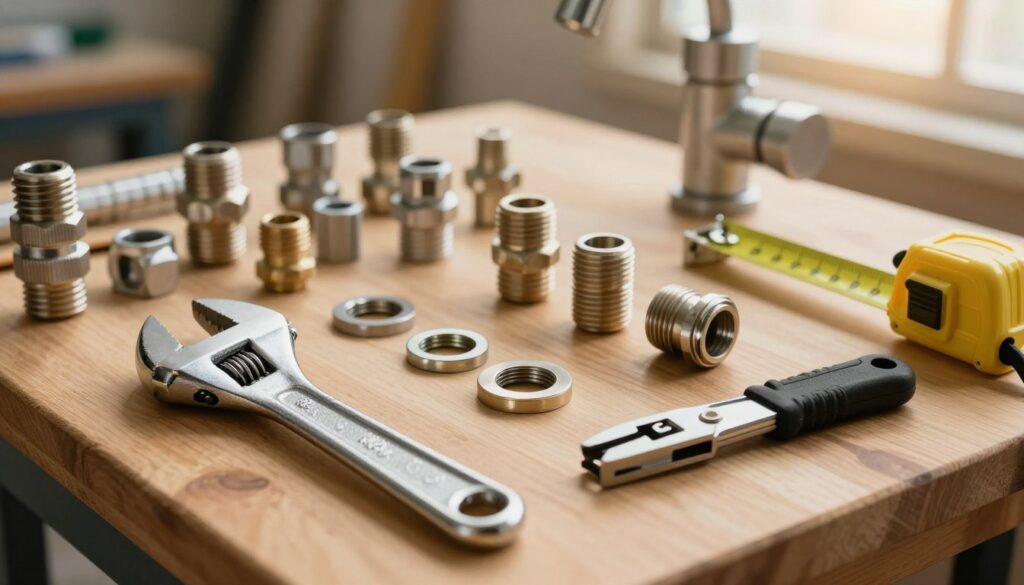 A detailed layout of various plumbing tools and components essential for faucet installation, arranged on a wooden workbench. In the foreground, display a shiny adjustable wrench, a measuring tape, and a pipe cutter, emphasizing their metallic textures and reflective surfaces. The middle ground features an assortment of fittings, washers, and O-rings, neatly organized in small compartments. In the background, a partially installed faucet is visible, set against a well-lit workshop environment with warm, inviting lighting. The atmosphere is focused and professional, creating a sense of preparedness and competence, with soft shadows adding depth to the scene. Use a slight overhead angle to capture the arrangement and details effectively.