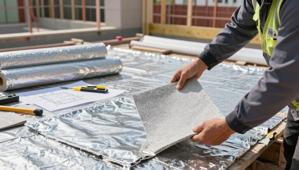 A detailed scene depicting the cost analysis of foundation insulation using foil and roofing felt in 2025. In the foreground, a construction worker in professional attire studies two samples: a shiny, reflective foil and a textured piece of roofing felt. In the middle ground, a construction site is visible with rolls of both materials, tools, and building plans scattered around. The background features a partially completed foundation of a building, showcasing the various stages of insulation installation. Bright, natural lighting casts soft shadows, enhancing the textures of the materials. The atmosphere is professional and focused, highlighting the importance of choosing the right insulation method to combat moisture effectively.