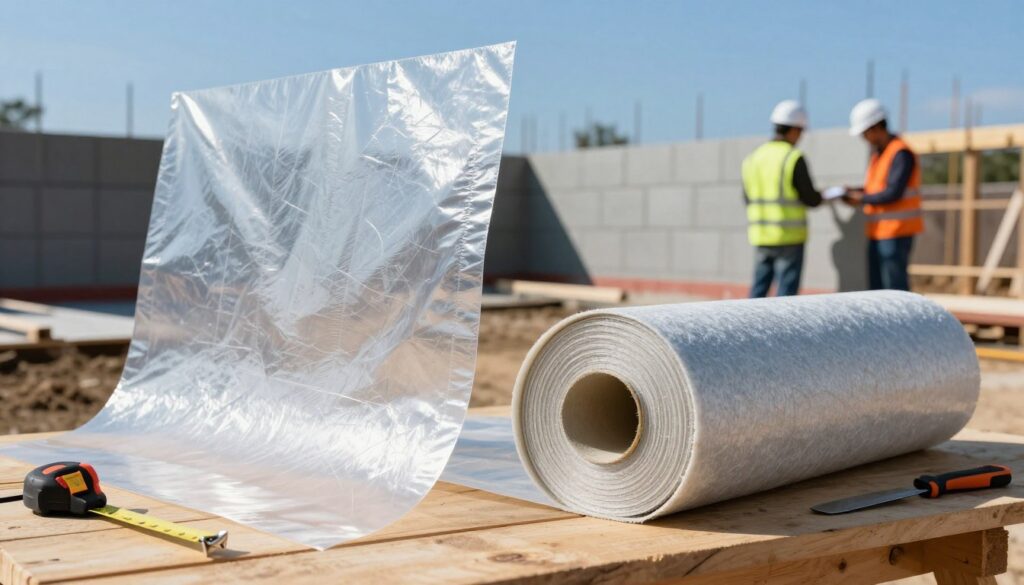 A detailed side-by-side comparison of two foundation insulation methods: a clear plastic sheet (folia) on the left, displaying its smooth, glossy surface with sunlight reflecting off it, and a roll of roofing felt (papa) on the right, emphasizing its textured, fibrous appearance. The foreground features both materials placed on a wooden workbench with tools like a tape measure and a utility knife scattered nearby. In the middle ground, a partially built foundation wall is visible, with construction workers dressed in professional safety attire analyzing the two materials. In the background, a clear blue sky over a construction site creates a bright and optimistic atmosphere. The image captures the essence of choosing between folia and papa for foundation isolation.