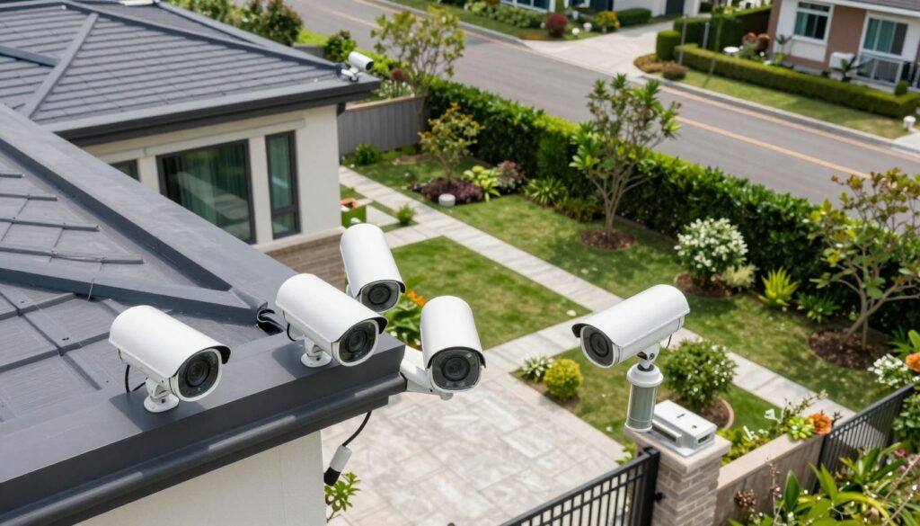 A detailed top-down view of a house with multiple surveillance cameras strategically placed around its perimeter. The house has a modern design with a flat roof and large windows. In the foreground, highlight several cameras mounted on the corners of the house, capturing various angles of the surrounding yard. The middle section showcases the garden and pathways, clearly marked for optimal monitoring. The background features a residential street with unobtrusive greenery. Bright daylight illuminates the scene, creating a sense of security and vigilance. Emphasize a clean, organized layout to convey effective surveillance placement while ensuring a professional and serene atmosphere. No human figures are included in the image. A detailed top-down view of a house with multiple surveillance cameras strategically placed around its perimeter. The house has a modern design with a flat roof and large windows. In the foreground, highlight several cameras mounted on the corners of the house, capturing various angles of the surrounding yard. The middle section showcases the garden and pathways, clearly marked for optimal monitoring. The background features a residential street with unobtrusive greenery. Bright daylight illuminates the scene, creating a sense of security and vigilance. Emphasize a clean, organized layout to convey effective surveillance placement while ensuring a professional and serene atmosphere. No human figures are included in the image.