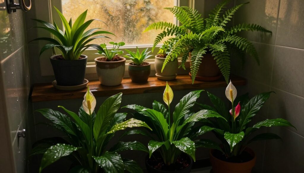 A dimly lit bathroom with a humid atmosphere, featuring lush greenery and vibrant flowers that thrive in low-light conditions. In the foreground, a beautiful arrangement of colorful, decorative plants like peace lilies and ferns flourish in moisture-rich soil, their leaves glistening with drops of water. In the middle, there's a wooden shelf adorned with ceramic pots, some plants showing signs of overwatering while others, like ferns, appear vibrant and healthy. In the background, soft golden light filters through a frosted window, creating a warm glow that enhances the serene, tranquil mood of the scene. The camera angle is slightly tilted down, focusing on the detailed textures of the foliage, capturing the essence of a humid floral paradise suitable for a dark bathroom setting.