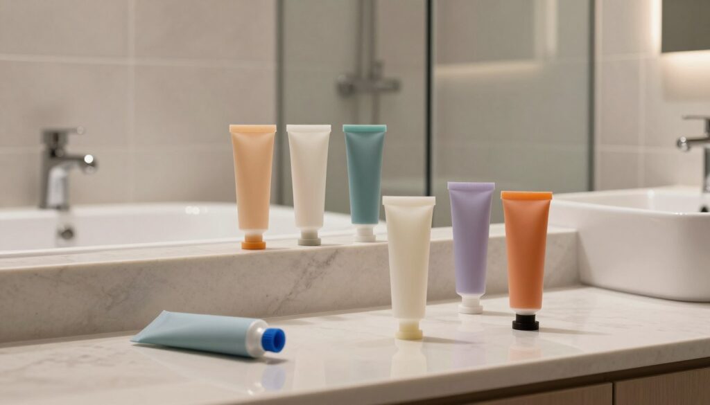 A minimalist bathroom setting featuring an array of silicone sealant tubes in various colors, elegantly arranged on a polished countertop. In the foreground, the glossy surface reflects soft, ambient lighting, enhancing the textures of the silicone. The middle layer includes strategically placed bathroom fixtures like a modern bathtub, a sleek sink, and a glass shower cabin, all harmoniously designed with neutral tones. The background showcases a serene bathroom wall with complementary tiles, creating a cohesive aesthetic. The atmosphere is calm and inviting, emphasizing the significance of color coordination and choosing the right silicone for bathroom aesthetics. Soft shadows add depth, and the overall composition conveys sophistication and attention to detail.