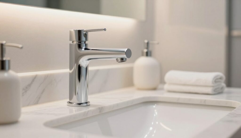 A modern bathroom faucet prominently displayed in the foreground, showcasing sleek lines and a polished chrome finish, reflecting light beautifully. The middle ground features a stylish bathroom countertop made of white marble, seamlessly integrating with the faucet. A subtle hint of elegant accessories like a ceramic soap dispenser and a plush hand towel enhances the aesthetic without overwhelming the scene. In the background, soft ambient lighting highlights light-colored walls, creating a calm and inviting atmosphere. The perspective is slightly angled, focusing on the faucet to emphasize its design and functionality. The overall mood is fresh, modern, and sophisticated, perfect for a quick yet impactful bathroom update.