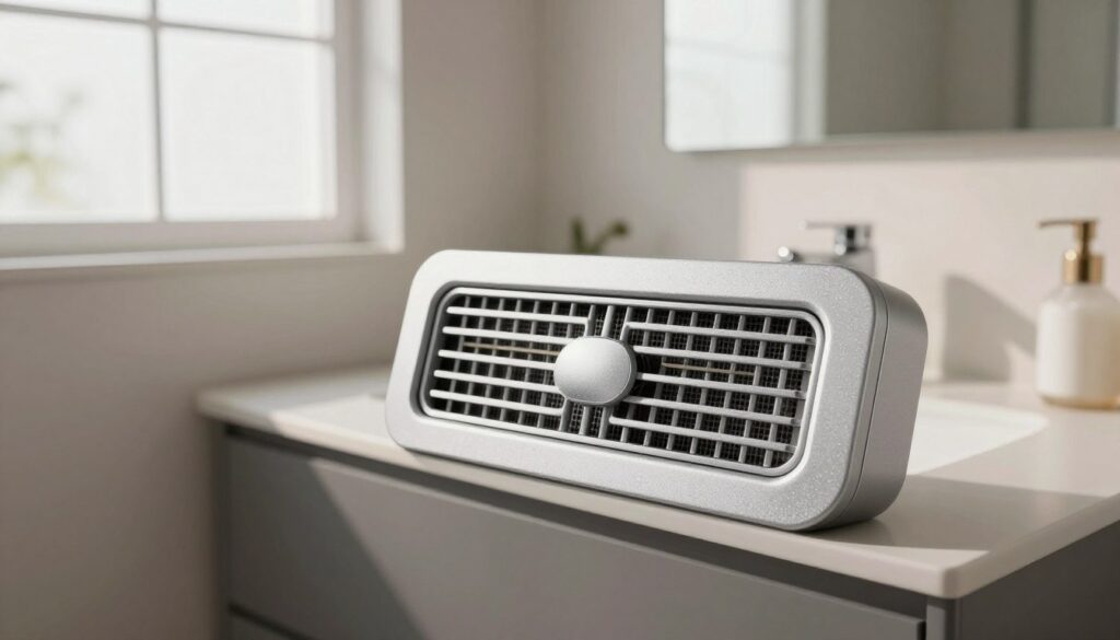 A modern bathroom featuring a stylish ventilation grille prominently displayed in the foreground, showcasing intricate designs and textures that enhance both functionality and aesthetic appeal. The middle ground reveals a sleek vanity with contemporary fixtures, harmoniously integrating the grille into the overall bathroom design. In the background, soft, natural lighting filters through a frosted window, casting gentle shadows and highlighting the grille's features. The scene captures a serene, inviting atmosphere, emphasizing the importance of ventilation in a small living space. The image should focus on the interplay between the ventilation grille and the bathroom surroundings, reflecting a blend of practicality and elegance, with a clean, minimalistic aesthetic.