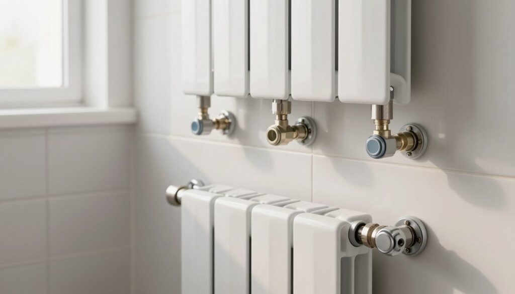 A modern bathroom featuring various radiator connection types: bottom, side, central, and cross connections. In the foreground, a sleek, stylish radiator is mounted on the wall, showcasing its elegant design and connection points. The middle layer includes detailed plumbing work, highlighting the pipes and fittings necessary for each connection type, artfully arranged on a white tiled wall. In the background, soft natural light filters in through a frosted window, creating a serene and inviting atmosphere. The scene emphasizes a clean, contemporary aesthetic, with neutral tones and minimalistic decor. The image is well-lit to enhance the textures of the materials, with a focus that draws attention to the efficiency of the installations while maintaining a professional and polished look.