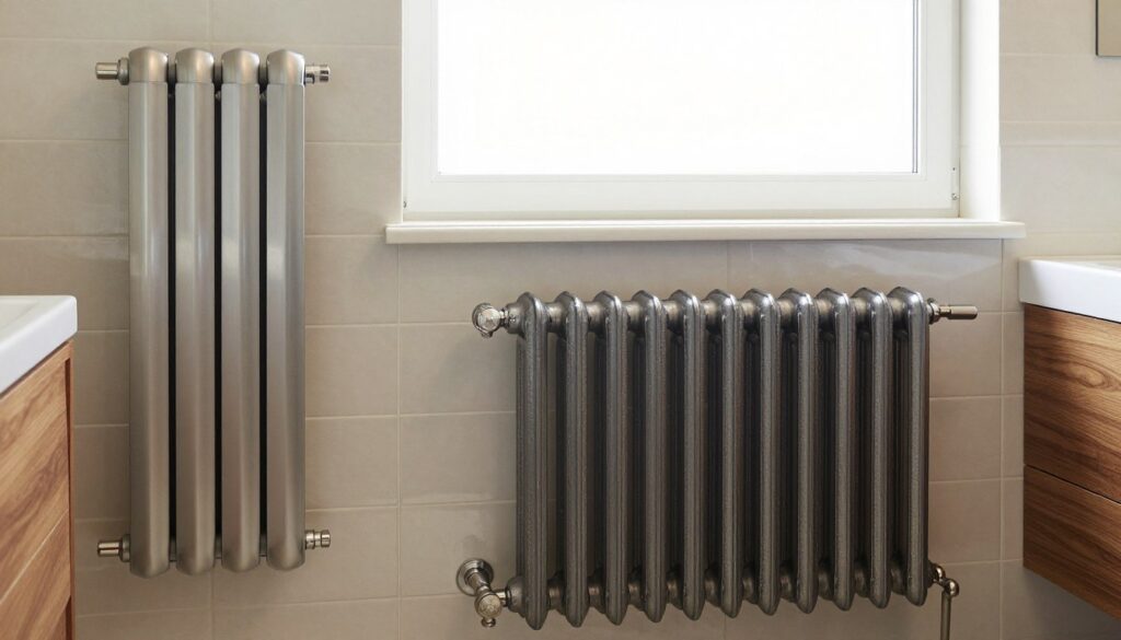 A modern bathroom interior featuring a variety of stylish radiators, showcasing different heating elements and materials like stainless steel, cast iron, and electric. In the foreground, a sleek, vertically mounted electric radiator with a contemporary design is emphasized. The middle-ground displays a traditional cast iron radiator with intricate detailing, surrounded by muted ceramic tiles and soft lighting that enhances the texture. In the background, a large frosted window allows natural light to flood the space, reflecting off polished surfaces. The color palette includes soft whites, grays, and hints of warm wood tones. The atmosphere is serene and inviting, suggesting warmth and comfort, ideal for a functional bathroom. A modern bathroom interior featuring a variety of stylish radiators, showcasing different heating elements and materials like stainless steel, cast iron, and electric. In the foreground, a sleek, vertically mounted electric radiator with a contemporary design is emphasized. The middle-ground displays a traditional cast iron radiator with intricate detailing, surrounded by muted ceramic tiles and soft lighting that enhances the texture. In the background, a large frosted window allows natural light to flood the space, reflecting off polished surfaces. The color palette includes soft whites, grays, and hints of warm wood tones. The atmosphere is serene and inviting, suggesting warmth and comfort, ideal for a functional bathroom.