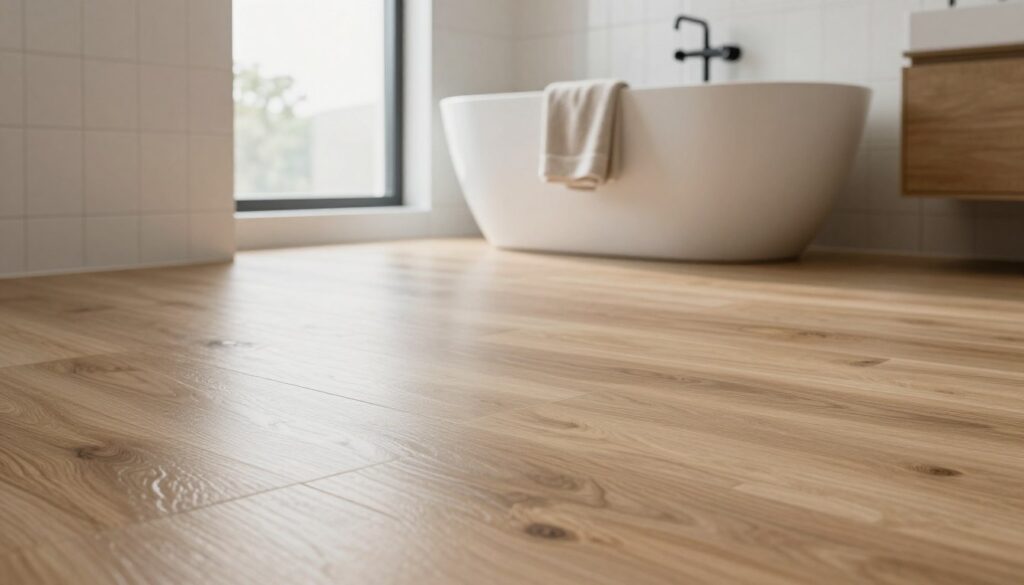 A modern bathroom interior featuring vinyl flooring over traditional tiles, emphasizing a stylish and practical renovation solution. In the foreground, showcase a close-up of the textured vinyl planks in a warm wood finish, reflecting light for a inviting atmosphere. The middle ground displays a sleek freestanding bathtub with minimalistic fixtures and soft, neutral-colored towels neatly draped. In the background, large, bright windows provide natural light, illuminating the space and highlighting the contrast between the new vinyl floor and original tile. Use soft, ambient lighting throughout to enhance the serene and refreshed mood of the bathroom, suggesting a quick upgrade without extensive remodeling. The perspective should be slightly angled to give depth to the scene, inviting the viewer into the space.