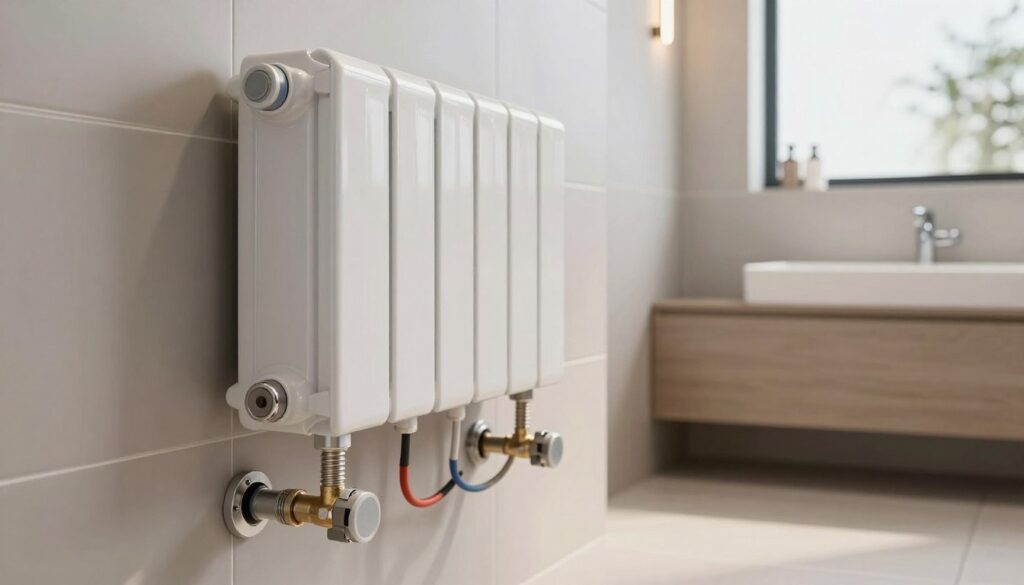 A modern bathroom interior showcasing a securely installed bathroom radiator heater with a detailed immersion heater. In the foreground, the heater features clearly visible connections to plumbing with emphasis on proper safety measures, such as insulated wires and connectors. The middle ground captures a stylish bathroom setting with tiled walls, soft ambient lighting, and sleek fixtures, providing a clean and inviting atmosphere. In the background, a window allows natural light to filter in, enhancing the serene mood. The image angle should create a slight perspective, highlighting the installation's meticulousness and safety features. Overall, the scene exemplifies innovation in bathroom heating with a focus on safety compliance. A modern bathroom interior showcasing a securely installed bathroom radiator heater with a detailed immersion heater. In the foreground, the heater features clearly visible connections to plumbing with emphasis on proper safety measures, such as insulated wires and connectors. The middle ground captures a stylish bathroom setting with tiled walls, soft ambient lighting, and sleek fixtures, providing a clean and inviting atmosphere. In the background, a window allows natural light to filter in, enhancing the serene mood. The image angle should create a slight perspective, highlighting the installation's meticulousness and safety features. Overall, the scene exemplifies innovation in bathroom heating with a focus on safety compliance.