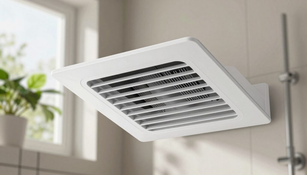 A modern bathroom ventilation grille, positioned prominently in the foreground, showcasing its sleek, minimalist design. In the middle ground, a well-lit, stylish bathroom with subtle details such as modern tiles and lush greenery in a window pot enhances the ambiance. The background features soft-focus walls with muted colors, providing a calm and inviting atmosphere. The lighting is bright but soft, simulating natural daylight filtering through a window, creating a fresh and hygienic feel. The angle captures the ventilation grille from a slightly elevated perspective, emphasizing its role in enhancing air flow and aesthetic appeal in multi-family buildings. The overall mood is clean, professional, and ready for modern living spaces.