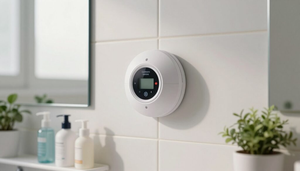 A modern carbon monoxide detector (czujnik czadu) mounted on a white tiled wall in a small, well-lit bathroom. The detector features a sleek, minimalist design with a circular digital display showing status indicators. In the foreground, neatly arranged toiletries are visible on a small shelf, while a potted plant adds a touch of greenery. The middle of the image focuses on the detector, ensuring it stands out against the light-colored wall. The background includes a mirror reflecting soft, natural light coming from a frosted window. The overall atmosphere is calm and safe, highlighting the importance of proper installation and maintenance for effective functionality. The image should be well-composed, emphasizing clarity and detail with balanced lighting to enhance the serene environment.