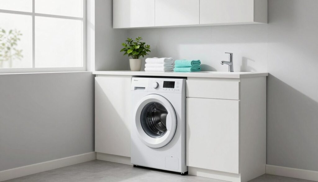 A modern, small bathroom featuring a neatly organized washing machine, integrated seamlessly into the cabinetry. The foreground highlights the sleek washing machine with an elegant design, positioned next to a compact sink with stylish faucets. The middle layer showcases matching cabinets with neatly stacked towels and a plant for a touch of greenery. In the background, soft, natural light illuminates the space through a frosted window, enhancing the sense of openness. Use a wide-angle perspective to capture the full layout, ensuring the overall atmosphere feels bright, fresh, and efficient. The color palette should consist of soft whites, light grays, and accents of aqua for a tranquil yet functional vibe.