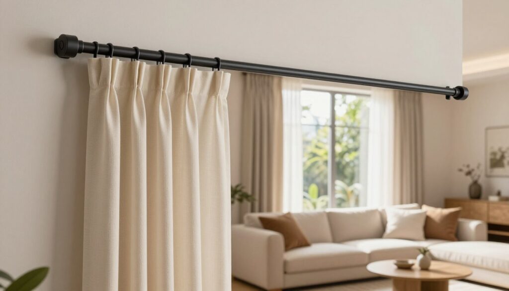 A modern, stylish living room showcasing a curtain rod elegantly mounted without drilling. In the foreground, a close-up of a sleek, adhesive curtain rod installed directly on a light-colored wall, with curtains gently hanging down, creating soft folds. The middle ground features a cozy, well-lit seating area with plush cushions and a small decorative table, enhancing the homely atmosphere. In the background, a sunlit window draped with neatly arranged curtains, filled with greenery peeking through, adds a splash of nature. The scene is bathed in warm, natural light, creating a calm and inviting mood. The composition is shot from a slightly elevated angle, highlighting the innovative mounting method. The overall ambiance is one of ease and sophistication, ideal for DIY enthusiasts. A modern, stylish living room showcasing a curtain rod elegantly mounted without drilling. In the foreground, a close-up of a sleek, adhesive curtain rod installed directly on a light-colored wall, with curtains gently hanging down, creating soft folds. The middle ground features a cozy, well-lit seating area with plush cushions and a small decorative table, enhancing the homely atmosphere. In the background, a sunlit window draped with neatly arranged curtains, filled with greenery peeking through, adds a splash of nature. The scene is bathed in warm, natural light, creating a calm and inviting mood. The composition is shot from a slightly elevated angle, highlighting the innovative mounting method. The overall ambiance is one of ease and sophistication, ideal for DIY enthusiasts.