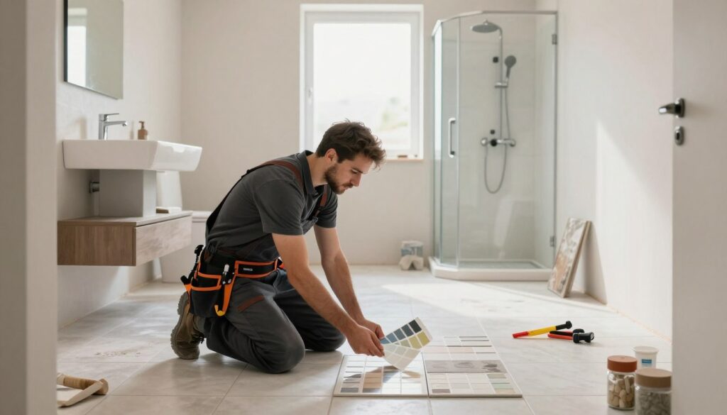 A professional bathroom renovation scene featuring a well-lit, modern space. In the foreground, a skilled contractor wearing a tool belt inspects tiles on the floor, examining design options with a color palette in hand. The middle ground showcases partially installed fixtures, like a stylish sink and elegant shower, with tools and materials neatly arranged around. In the background, a window allows natural light to pour in, highlighting a fresh and clean atmosphere. The walls are freshly painted in calming neutral tones, evoking a sense of order and tranquility. The overall mood is focused and productive, reflecting a workspace dedicated to quality craftsmanship and thoughtful planning. The angle captures both the forefront of the renovation and the broader space to emphasize the project's scope.