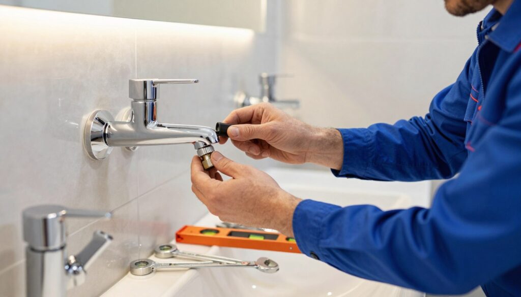 A professional plumber wearing a blue uniform installs a wall-mounted faucet in a modern bathroom setting. In the foreground, the plumber carefully connects the faucet to the wall, using precise tools. The faucet features a sleek, contemporary design with polished chrome accents. In the middle ground, various plumbing tools like a wrench and a level are neatly arranged on a workbench, emphasizing the detailed installation process. The background shows elegant tiles and a well-lit mirror, enhancing the clean and organized atmosphere of the workspace. The lighting is bright and natural, illuminating the scene to reflect a practical and focused mood, perfect for a DIY installation guide.