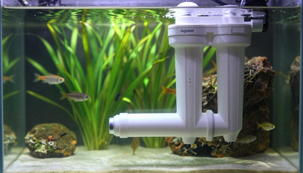 A serene aquarium scene showcasing the inlet and outlet of an Aquael filter. In the foreground, clearly visible are the filter's inlet and outlet tubes, positioned at optimal angles for silent and effective operation. The middle ground features lush aquatic plants, providing a natural backdrop, while small fish swim gracefully around. The water is crystal clear, reflecting soft, diffused lighting that creates a tranquil atmosphere. The background includes decorative rocks and a gentle flow of water, enhancing the peaceful environment. The image captures a close-up view that emphasizes the precise setup of the filter components, with a focus on cleanliness and order. The overall mood is calm and inviting, ideal for an informative context.