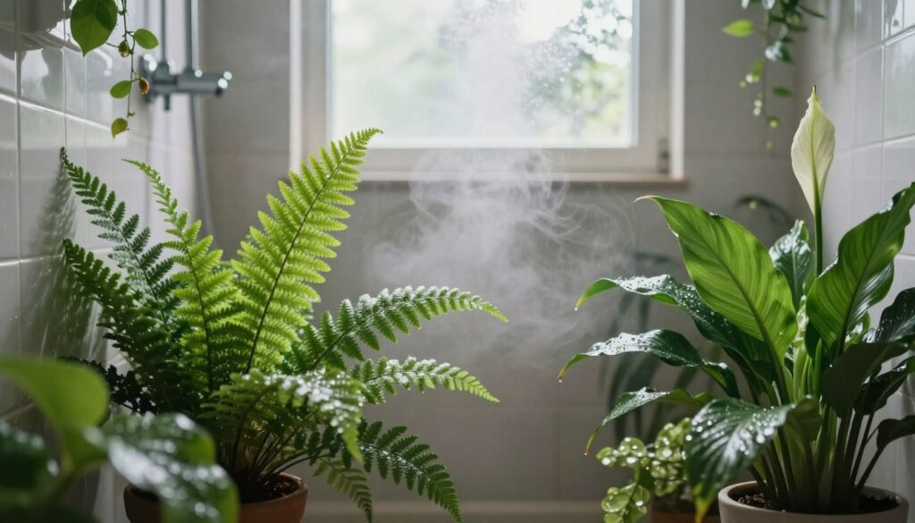 A serene bathroom scene with high humidity, showcasing lush indoor plants that thrive in moist environments. In the foreground, a variety of vibrant green plants, including ferns and peace lilies, with dew drops glistening on their leaves. In the middle, soft steam rises gently from a warm shower, creating a dreamy atmosphere. The background features light-colored tiles and a frosted glass window, allowing soft, diffused natural light to filter in, enhancing the tranquil ambiance. The overall mood is calming and refreshing, emphasizing the benefits of humidity for plant life. Use a slight focus blur on the background to draw attention to the rich textures and details of the plants in the foreground.