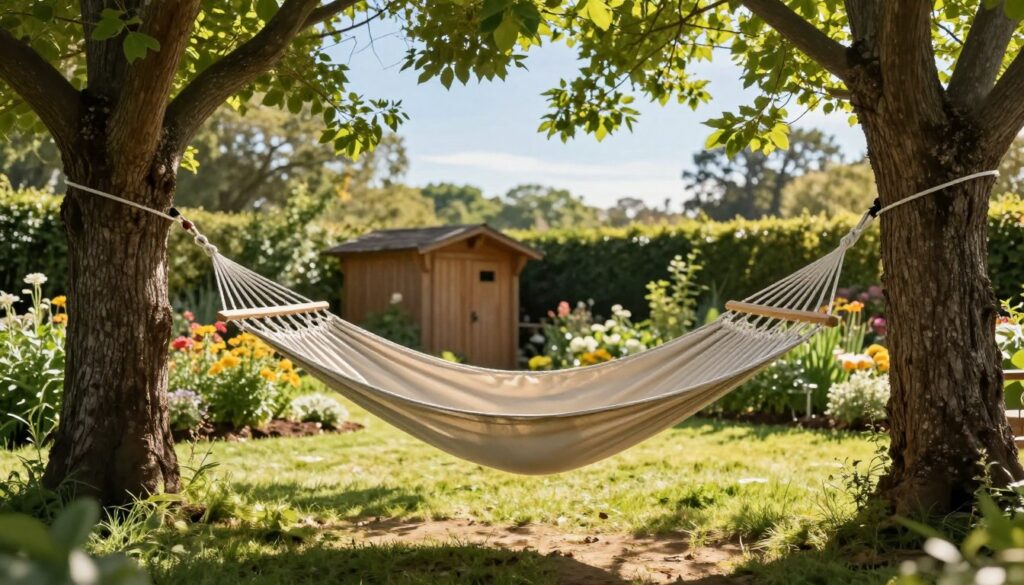 A serene garden setting with a beautifully installed hammock strung between two sturdy trees, surrounded by vibrant green foliage. In the foreground, showcase the hammock gently swaying in the breeze, with soft sunlight filtering through leaves, creating dappled shadows on the grass below. The middle ground features well-maintained flower beds and a small, wooden garden shed, while the background includes a clear blue sky and distant trees. The overall atmosphere is peaceful and inviting, emphasizing a safe and cozy space for relaxation. Use warm, natural lighting to highlight the textures of the hammock fabric and the bark of the trees, capturing the essence of a perfect outdoor retreat.
