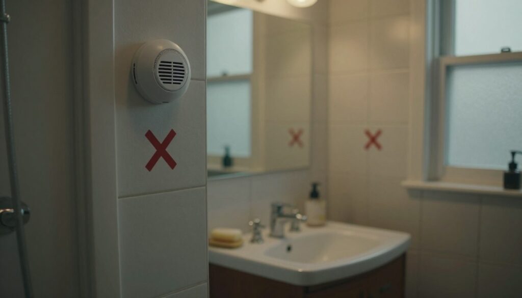 A small, dimly lit bathroom with a focus on areas where a carbon monoxide detector should not be placed. In the foreground, a wall with a clearly marked 'X' indicating unsafe placement spots: near a shower, directly above the sink, and close to windows. In the middle ground, include a countertop with common bathroom items, like soap and towels, emphasizing the everyday environment. The background features tiled walls and a frosted window, creating a realistic bathroom setting. Soft, ambient lighting highlights the safety concerns, casting gentle shadows to enhance the mood of caution. The overall atmosphere should feel informative yet serious, drawing attention to safety in home environments. No text, logos, or human figures present.