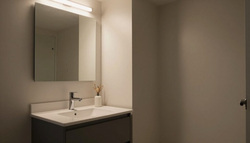 A small, windowless bathroom with a modern design, featuring sleek fixtures and practical yet stylish lighting solutions. The foreground includes a minimalist vanity with a polished countertop and an elegant mirror. In the middle, focus on strategically placed LED lights, illuminating dark corners to enhance functionality. The background should have neutral-toned walls and a compact shower area, creating a serene and modern atmosphere. Soft, diffused lighting casts gentle shadows, adding depth to the space. The overall mood is calm and inviting, with a sense of organization and efficiency, highlighting thoughtful lighting choices that make the small bathroom feel cozy and well-lit despite the absence of natural light.