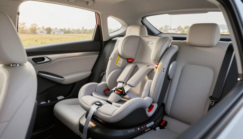 A spacious and well-lit interior of a modern car featuring a rear bench seat (kanapie) designed for child safety seats. In the foreground, focus on a correctly installed child car seat securely positioned in the center of the rear seat, showcasing its safety features. The seat should be clearly visible and demonstrate proper installation, with straps adjusted snugly. In the middle, capture the spaciousness and cleanliness of the car's interior, highlighting the seatbelt system and safety labels. The background should show the car windows with natural daylight streaming in, creating a warm and inviting atmosphere. The angle should be slightly elevated to provide a comprehensive view of the scene, emphasizing the importance of safe car seat installation without including any text, watermarks, or human figures.