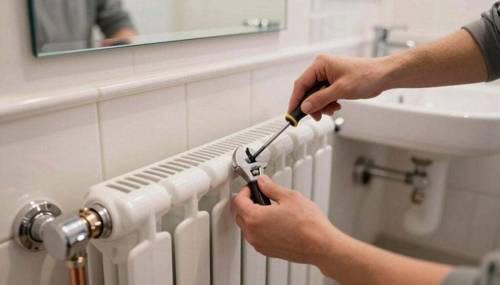 A step-by-step installation of a bathroom radiator heater element, focusing on a detailed scene. In the foreground, a person in modest casual clothing carefully connects a heating element to a modern towel radiator, using tools like a screwdriver and adjustable wrench. The middle ground features the radiator with visible connections and piping, showcasing copper and chrome finishes. The background includes a stylish, well-lit bathroom with tiles and a mirror, creating a warm atmosphere. Soft, natural lighting highlights the installation process, while the angle captures both the hands at work and the radiator in detail, emphasizing safety and effectiveness. The mood is focused and professional, encouraging a sense of care and precision. A step-by-step installation of a bathroom radiator heater element, focusing on a detailed scene. In the foreground, a person in modest casual clothing carefully connects a heating element to a modern towel radiator, using tools like a screwdriver and adjustable wrench. The middle ground features the radiator with visible connections and piping, showcasing copper and chrome finishes. The background includes a stylish, well-lit bathroom with tiles and a mirror, creating a warm atmosphere. Soft, natural lighting highlights the installation process, while the angle captures both the hands at work and the radiator in detail, emphasizing safety and effectiveness. The mood is focused and professional, encouraging a sense of care and precision.