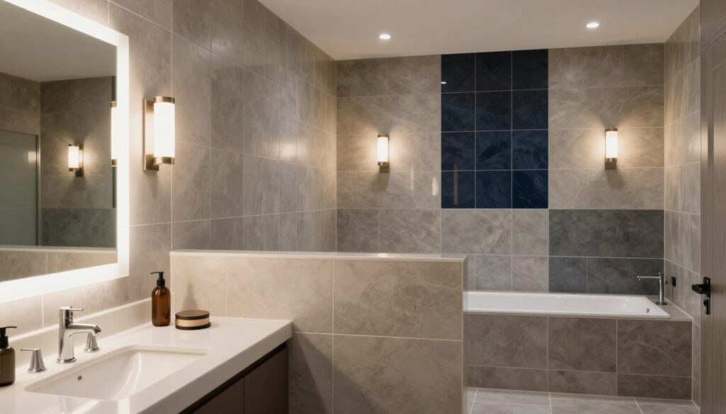 A stylish bathroom setting showcasing various lighting scenarios, designed to highlight different tile colors and interior styles. In the foreground, a well-lit vanity area with a large mirror reflects soft, warm white light, ideal for makeup application. The middle layer features elegant tiles in varying shades, such as light gray, deep navy, and soft beige, complemented by modern fixtures. In the background, ambient lighting creates a calming atmosphere, with strategically placed wall sconces and recessed ceiling lights illuminating the space. The mood conveys sophistication and tranquility, emphasizing effective lighting for daily use and makeup without distractions or clutter. The composition should have a balanced view, shot at a slight angle to showcase the full layout and design harmony.