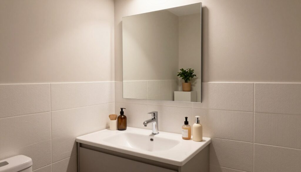 A stylish small bathroom featuring a modern sink area with elegant wall tiles. In the foreground, a sleek, contemporary washbasin mounted on a minimalist vanity, showcasing an artfully arranged selection of grooming essentials. The wall behind the sink carries textured tiles reaching halfway up, offering a fresh and clean look, while the top section remains painted in a soft, neutral hue. In the middle space, a large mirror reflects the ambiance, enhancing the room's light. Soft, diffused lighting illuminates the space, creating a warm atmosphere. In the background, subtle decorative elements like potted plants add a touch of greenery, emphasizing the tranquil vibe of the compact bathroom. The angle captures the room's depth and functionality, inviting elegance and modernity. A stylish small bathroom featuring a modern sink area with elegant wall tiles. In the foreground, a sleek, contemporary washbasin mounted on a minimalist vanity, showcasing an artfully arranged selection of grooming essentials. The wall behind the sink carries textured tiles reaching halfway up, offering a fresh and clean look, while the top section remains painted in a soft, neutral hue. In the middle space, a large mirror reflects the ambiance, enhancing the room's light. Soft, diffused lighting illuminates the space, creating a warm atmosphere. In the background, subtle decorative elements like potted plants add a touch of greenery, emphasizing the tranquil vibe of the compact bathroom. The angle captures the room's depth and functionality, inviting elegance and modernity.